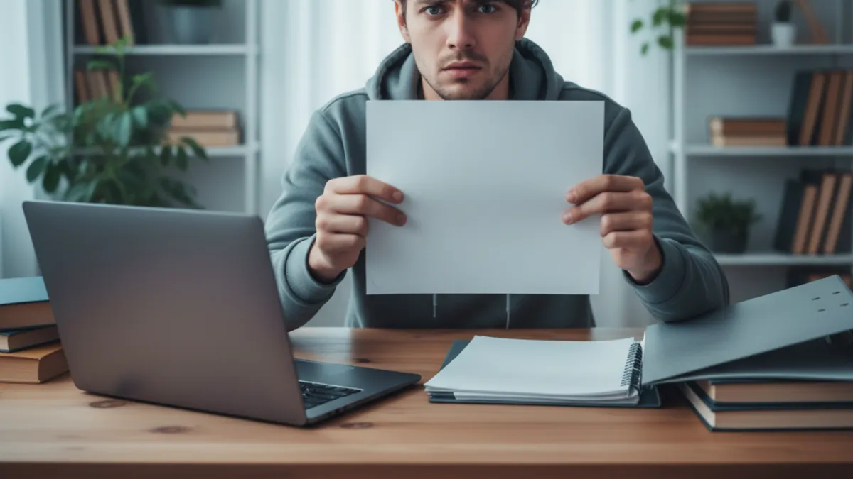 Concerned student holding a blank sheet at a desk beside a laptop while reviewing why human writing might be flagged as AI.