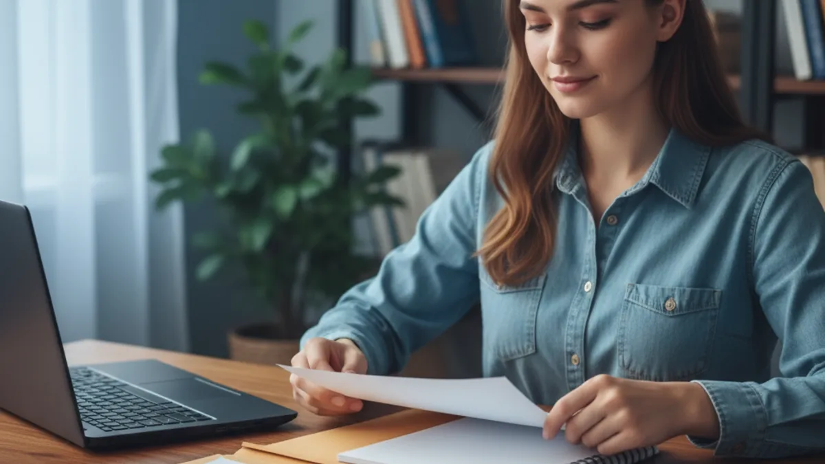 Student organizing a plain folder, blank paper, and notebook beside a laptop to represent saving drafts and proof of authorship.