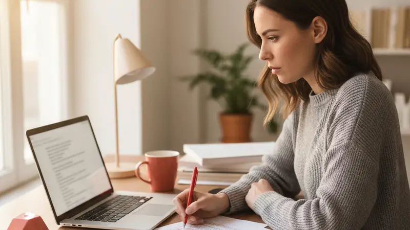 Editor reviewing and refining an AI-generated draft by hand to keep brand voice consistent.