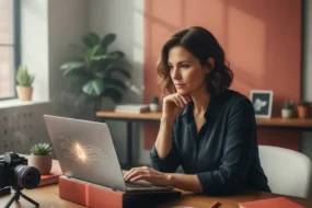 Content marketer using an AI writing assistant at a desk to plan and draft a blog post for AI content creation.