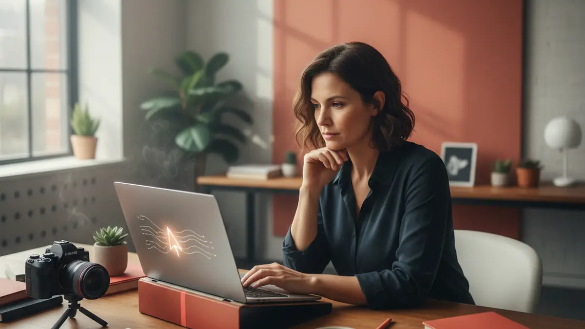 Content marketer using an AI writing assistant at a desk to plan and draft a blog post for AI content creation.