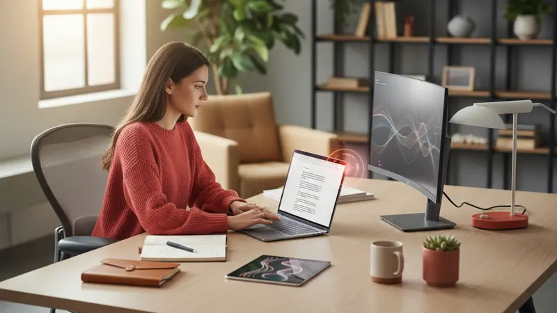 Marketer moving from handwritten notes to an AI-assisted draft on a laptop during a content creation workflow.