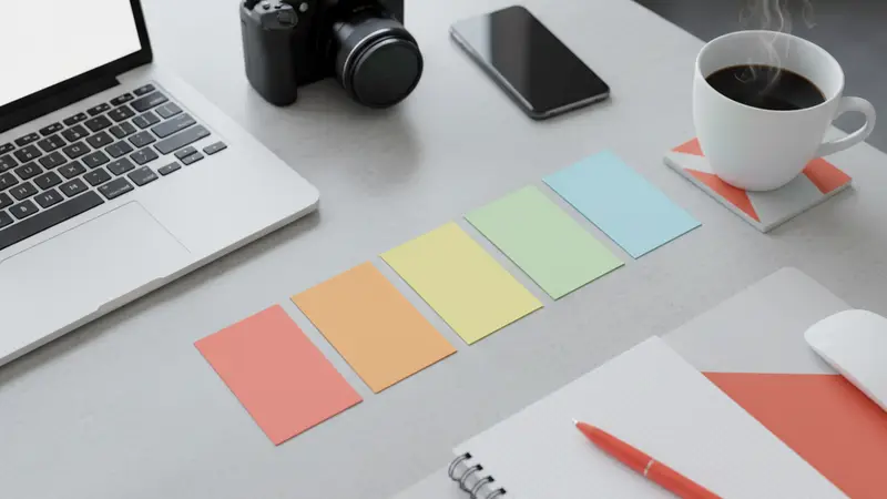 Overhead view of a five-part content creation workflow with blank planning cards, laptop, and desk tools.