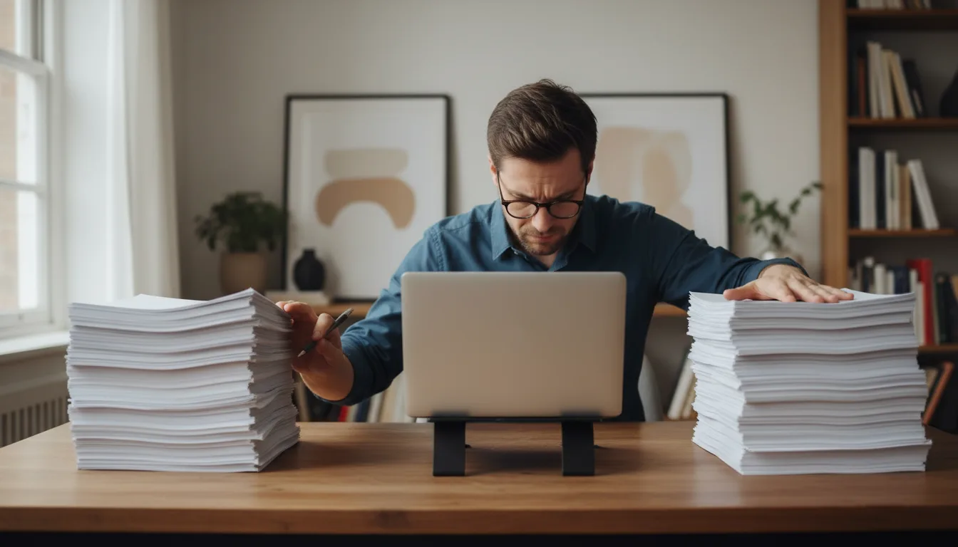 Editor seated between two stacks of blank pages while comparing rewritten versions.