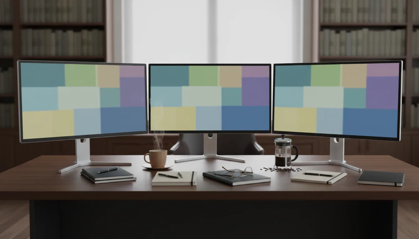 Three-monitor writing-tool test workspace with abstract screens, notebooks, and coffee.