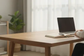 Writer at a minimalist desk with a blank notebook and dark laptop in a bright home office.