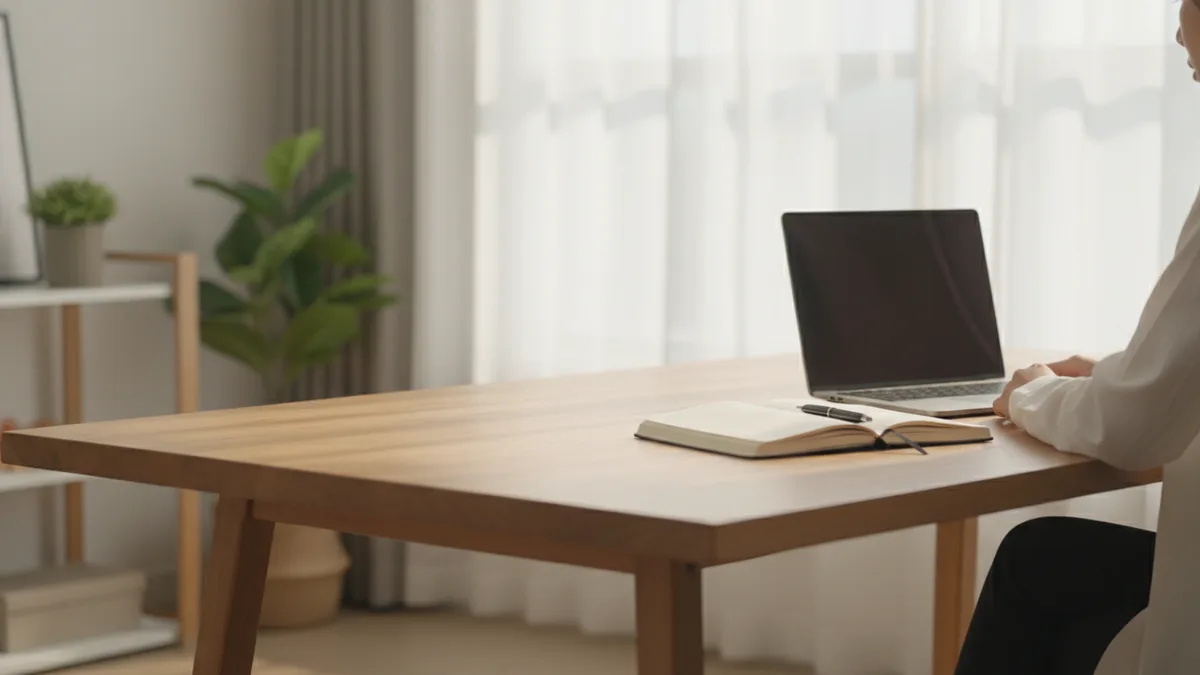 Writer at a minimalist desk with a blank notebook and dark laptop in a bright home office.