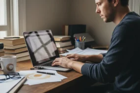 Freelance writer revising an article draft on a laptop in a lived-in home office, side profile with natural window light and realistic desk clutter.