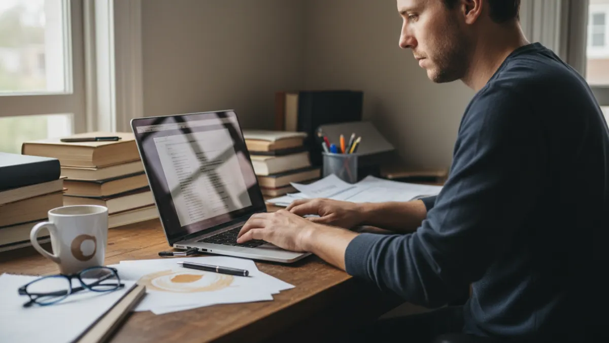 Freelance writer revising an article draft on a laptop in a lived-in home office, side profile with natural window light and realistic desk clutter.