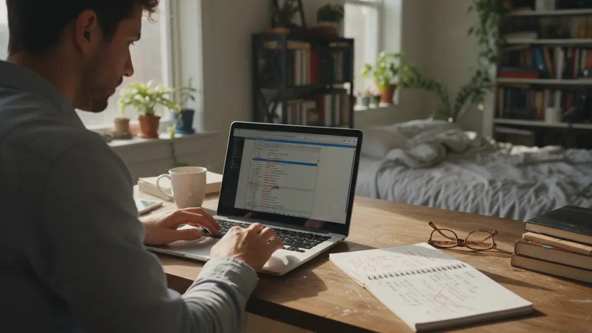 Over-the-shoulder documentary style photo of a freelance writer editing a blog draft on laptop in a real home office morning setup.