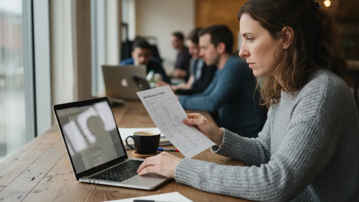 Content strategist reviewing a writing quality checklist beside a laptop in a coworking space with realistic candid expression.