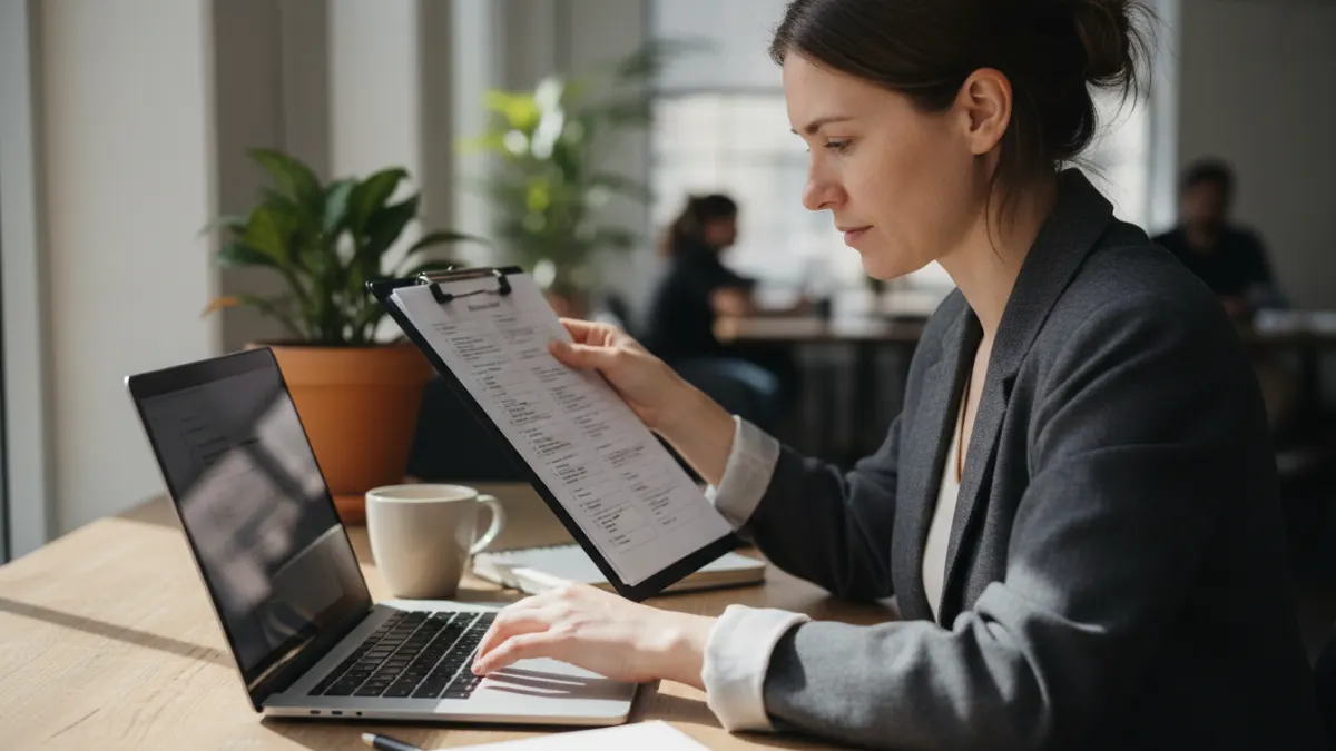 Side-angle documentary photo of a content strategist checking writing quality notes next to a laptop in a real coworking environment.
