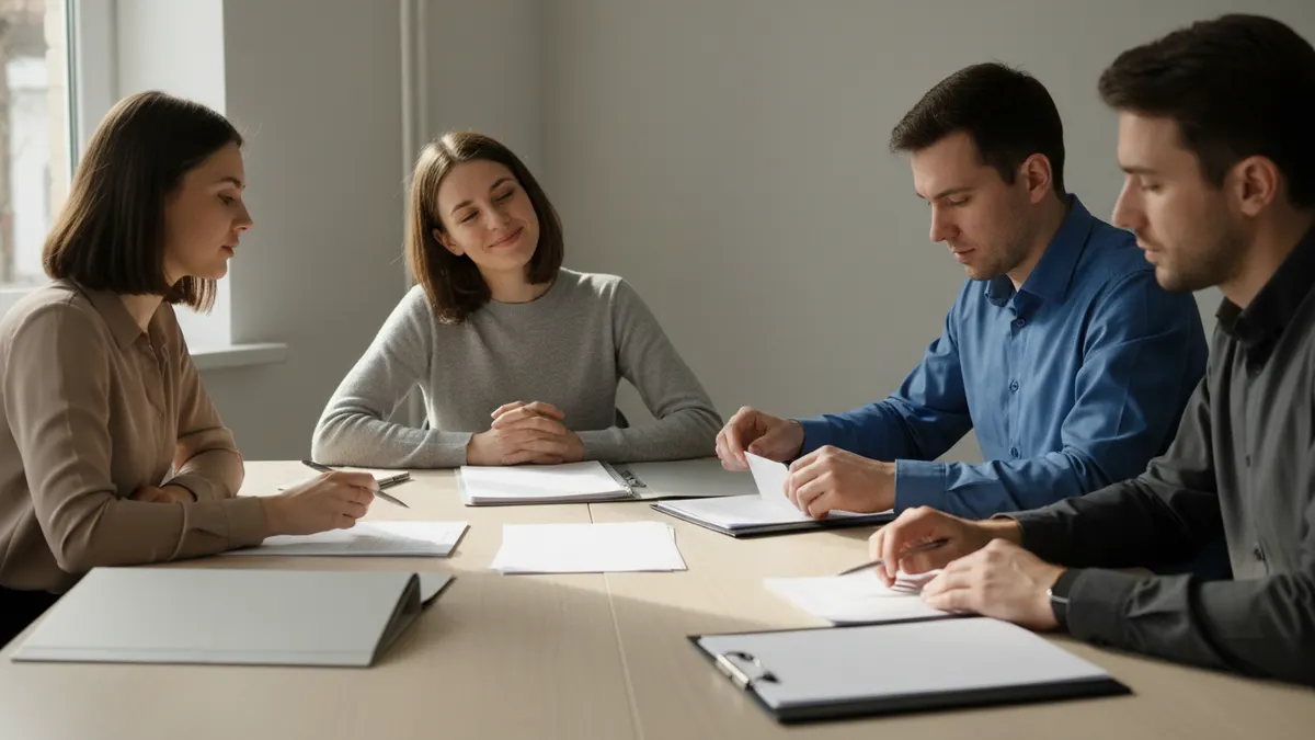 Academic review group comparing blank report packets for AI plagiarism checker decision outcome