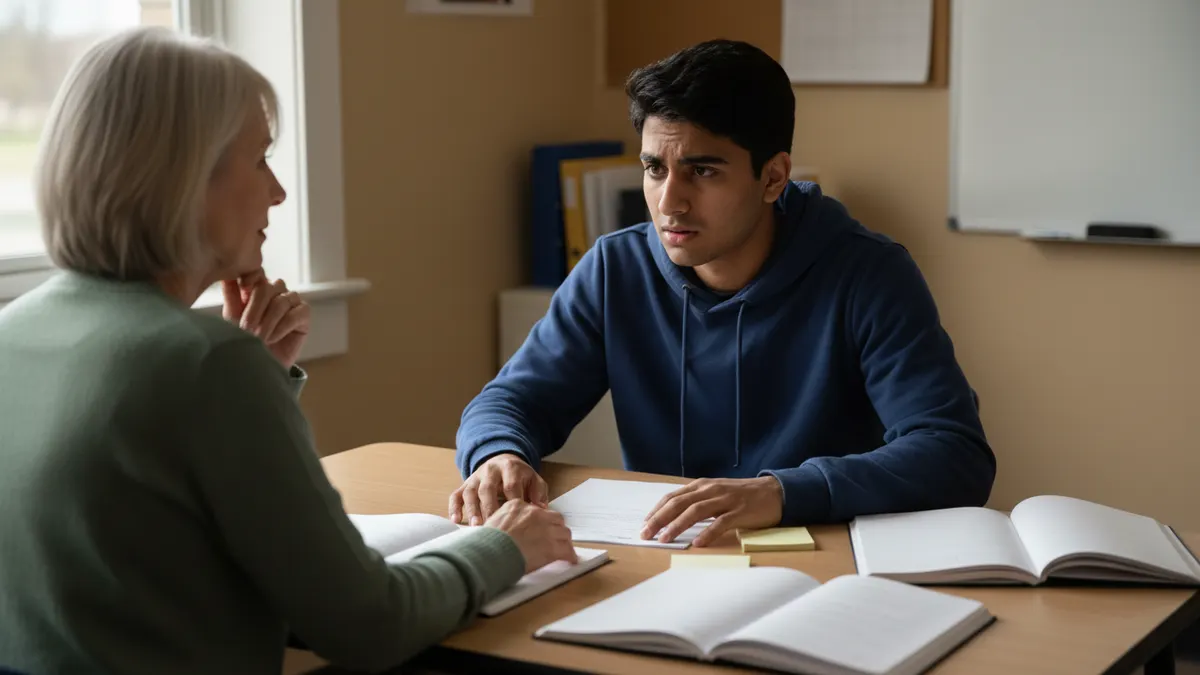 Student and teacher discussing blank assignment pages during AI plagiarism checker review