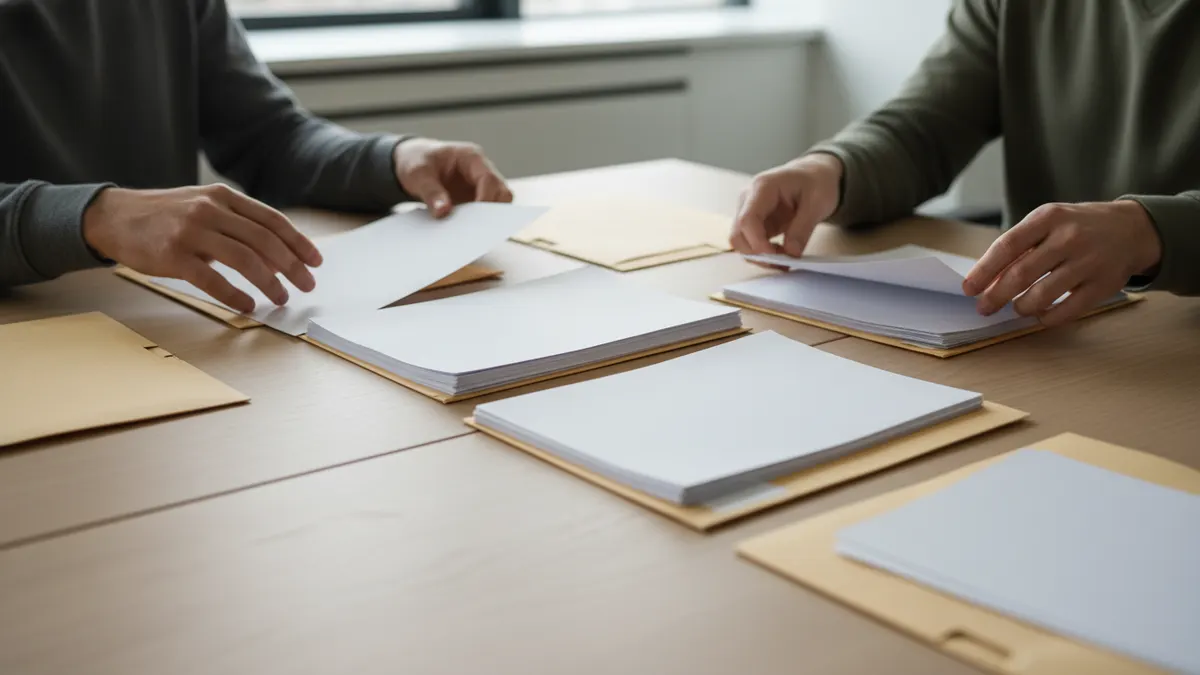 Editorial reviewers sorting blank drafts into piles for AI plagiarism checker evaluation method