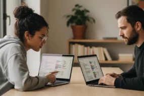 Two people at a shared desk comparing AI detector Chrome extension checks on laptops in a realistic home-office setting.