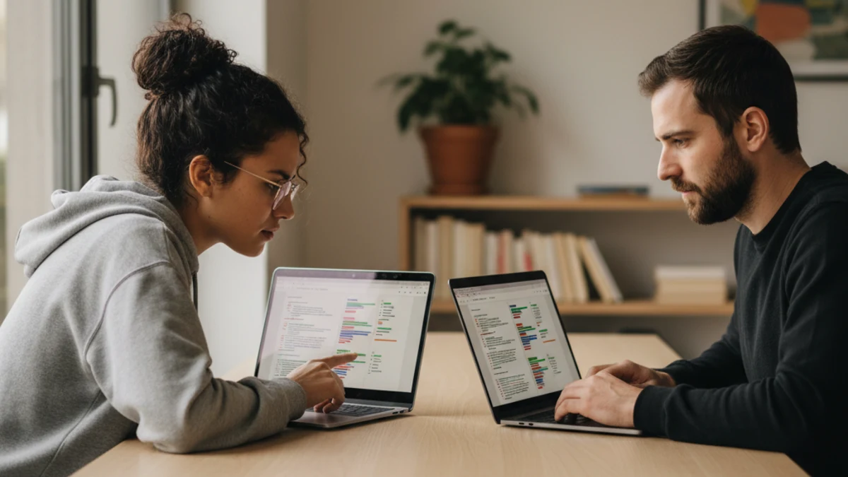 Two people at a shared desk comparing AI detector Chrome extension checks on laptops in a realistic home-office setting.