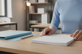 Teacher reviewing blank student papers in a classroom for a best AI detector for teachers article.