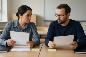 Educator and content reviewer comparing blank paper packets for best AI plagiarism checker review workflow
