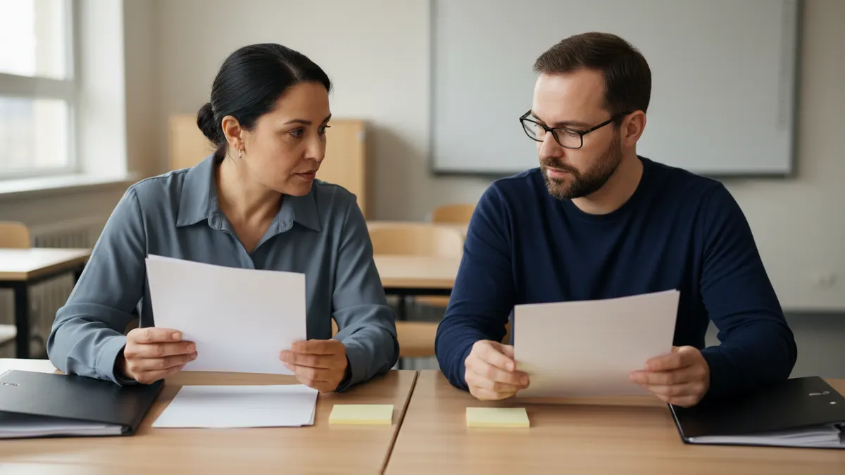 Educator and content reviewer comparing blank paper packets for best AI plagiarism checker review workflow