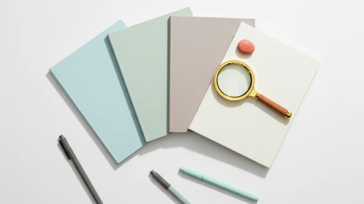 Plain notebooks, pens, and magnifying glass arranged for choosing best free AI detector tools.