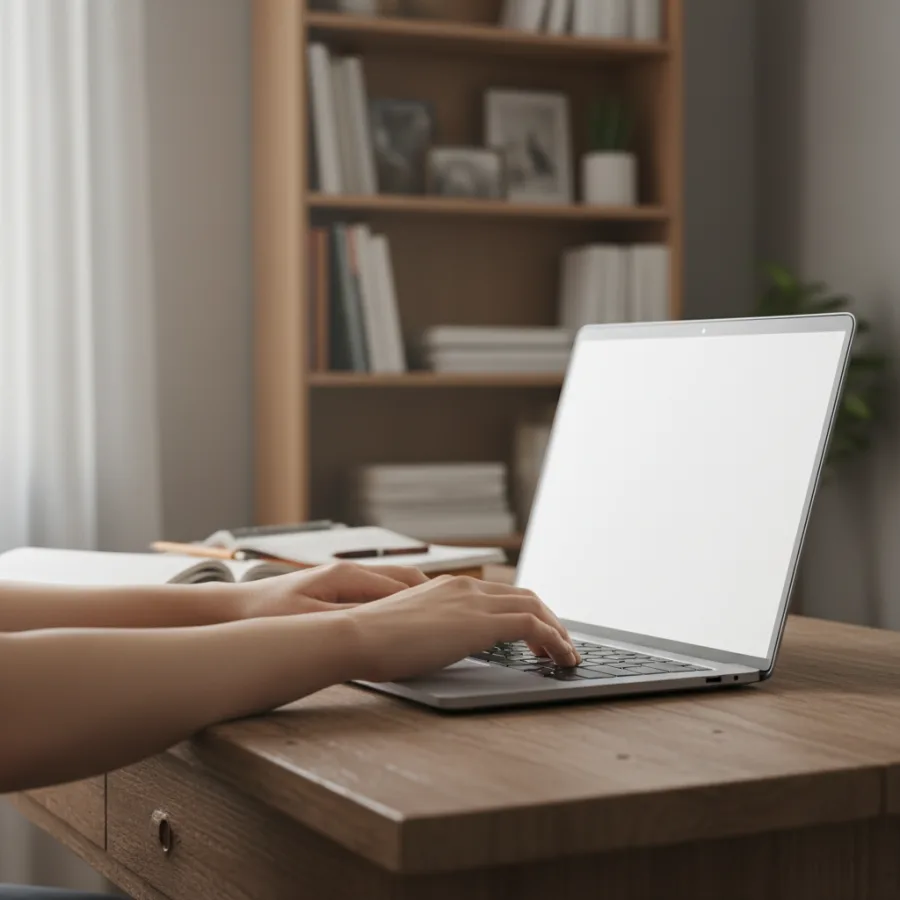 Close-up of hands typing on a laptop keyboard reviewing academic work, bookshelf blurred in background