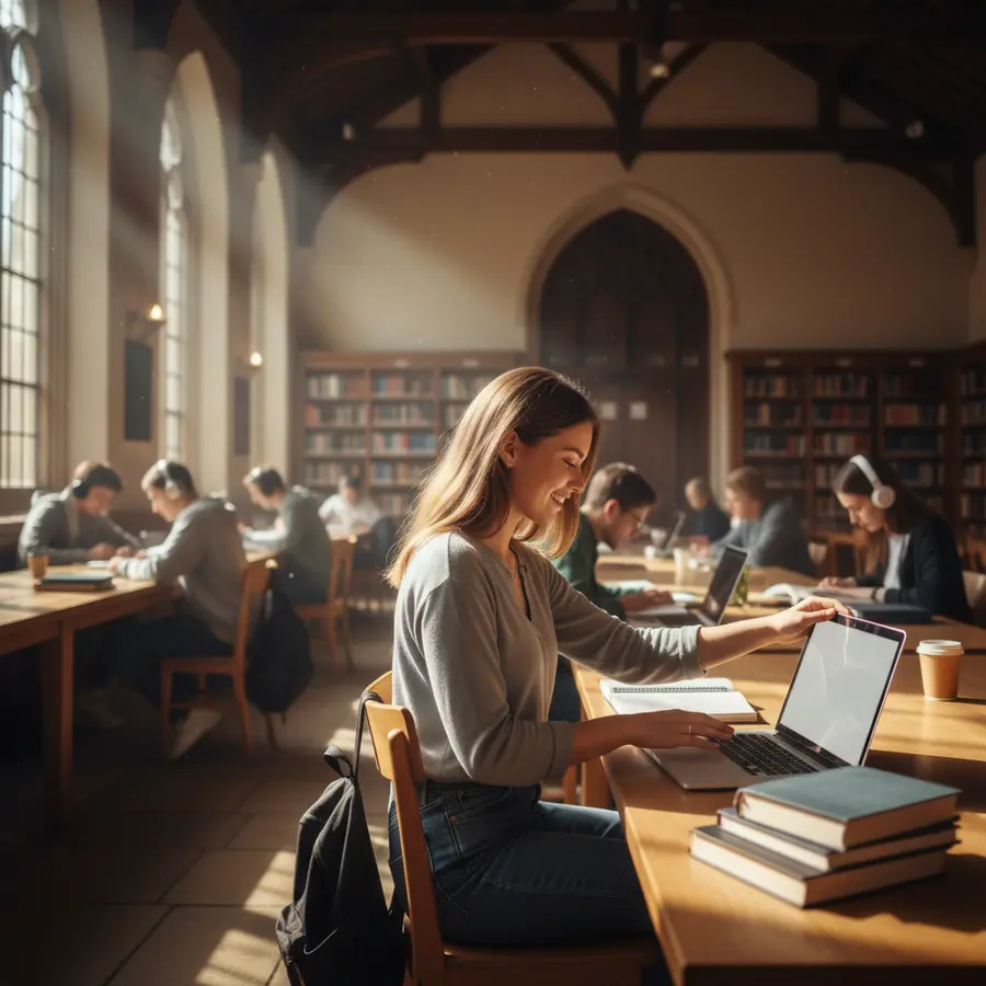 University student sitting in a bright study hall looking relieved after closing a laptop, with other students studying in the background