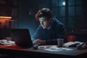 Student working late at a desk under red and blue ambient light with a dark laptop.