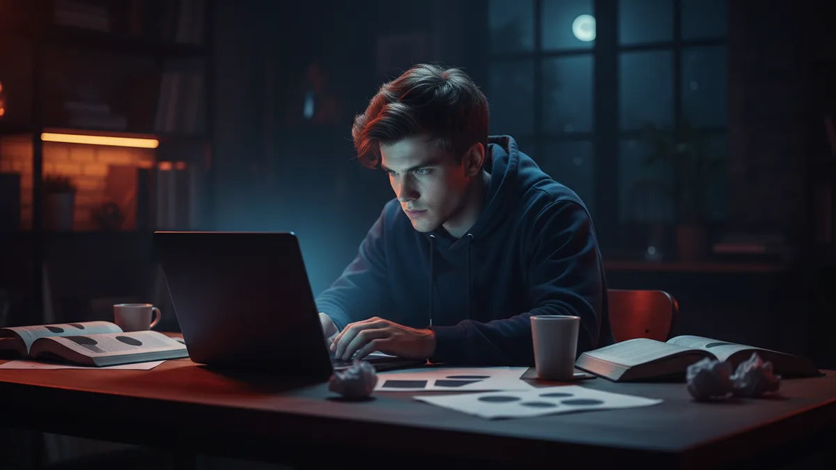 Student working late at a desk under red and blue ambient light with a dark laptop.