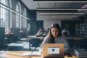 A university student working on a laptop in a modern academic setting, with the Canvas LMS interface visible on screen, cinematic edtech-toned lighting with blue and purple accents.