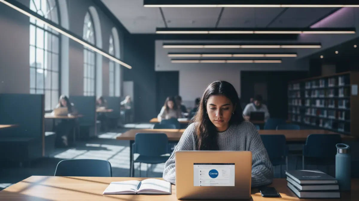 A university student working on a laptop in a modern academic setting, with the Canvas LMS interface visible on screen, cinematic edtech-toned lighting with blue and purple accents.