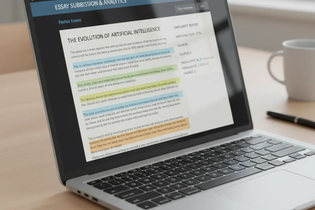 Close-up of a laptop screen showing an academic submission portal with highlighted and color-coded paragraphs indicating a similarity or AI detection report.