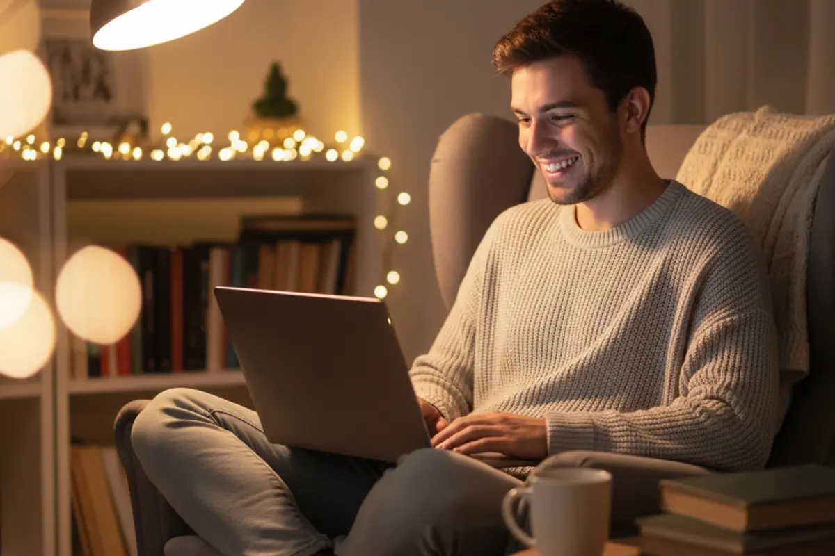 A university student smiling with relief at their laptop in a cozy dorm room study nook, warm lighting with books and a coffee mug in the background.