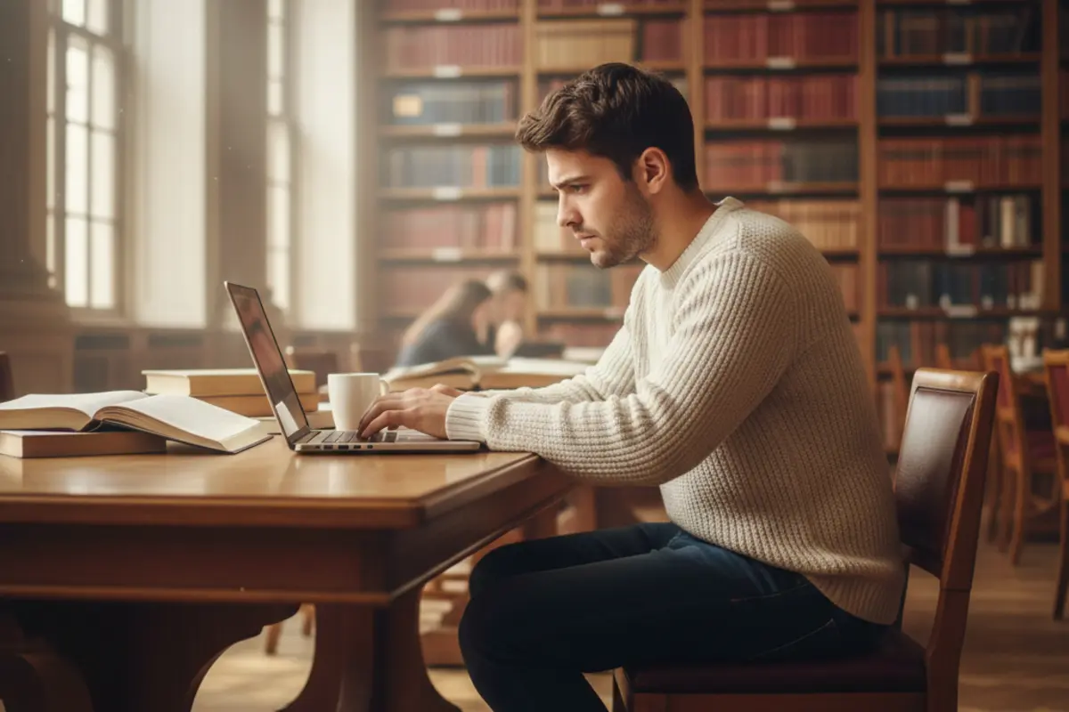 A focused university student typing an essay on a silver laptop at a wooden library desk, surrounded by bookshelves and soft natural window light.