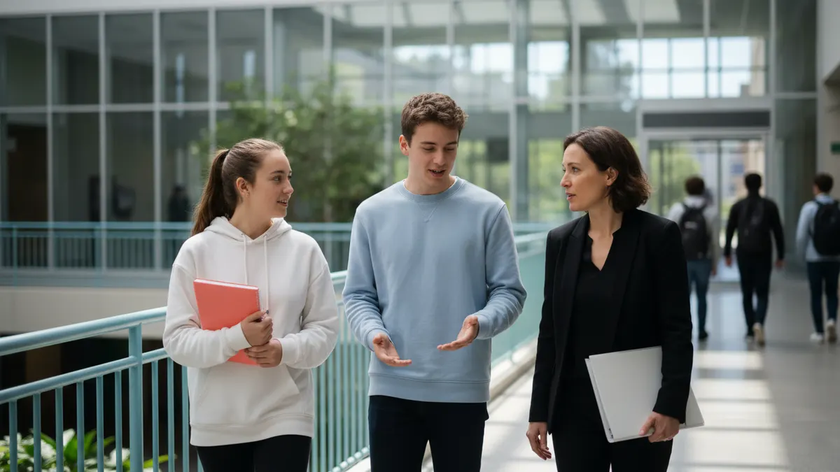 Students compare chatgpt detector choices while walking through a bright campus atrium.