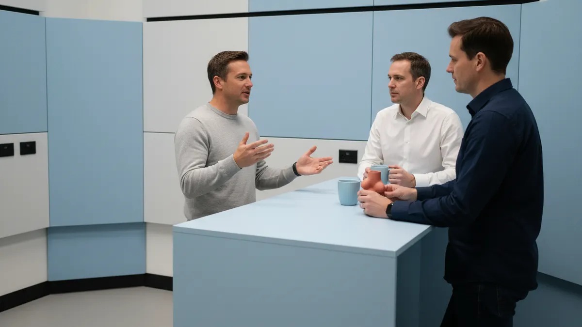 Editors discuss chatgpt detector results near pale blue panels in a quiet briefing nook.