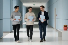 Students and an editor discuss chatgpt detector options in a bright campus corridor.