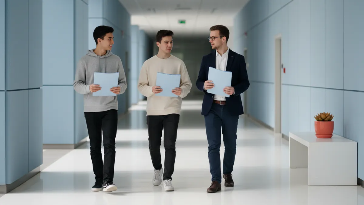 Students and an editor discuss chatgpt detector options in a bright campus corridor.