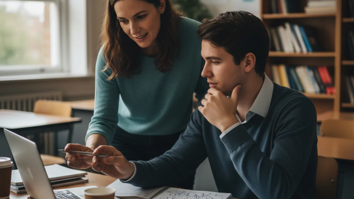 Instructor guiding a student through a laptop-based writing review in a classroom, showing hands-on academic feedback.