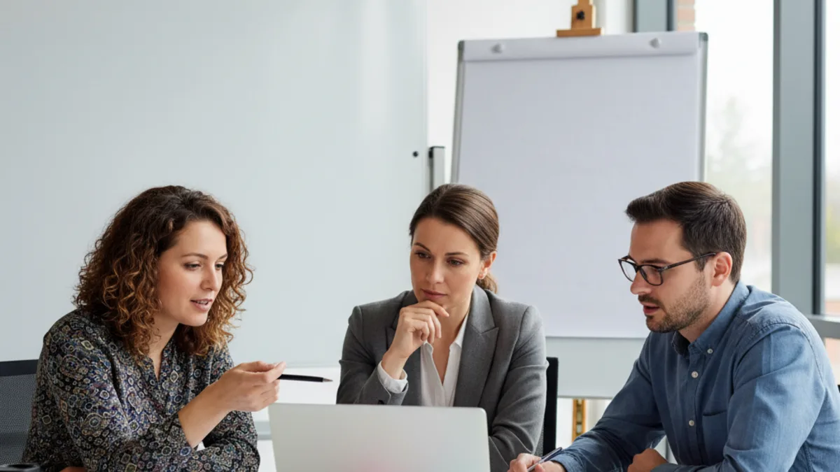 Small academic team discussing detection-tool decisions around a laptop in a meeting room with a blank whiteboard.