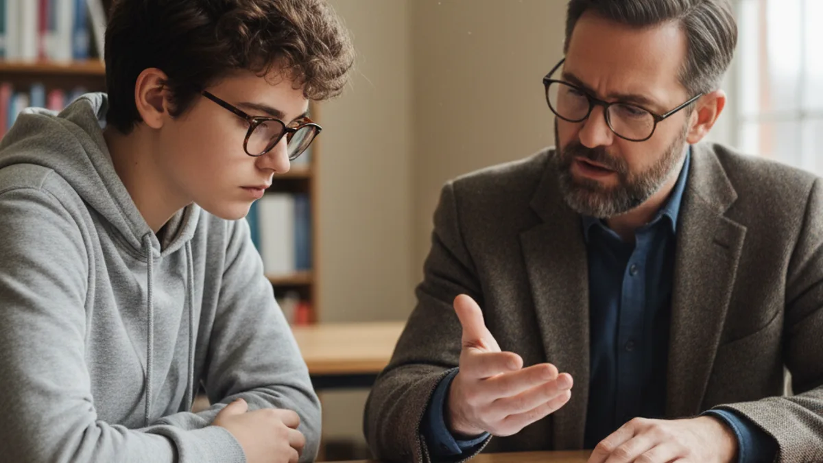 Teacher and student in a focused advising conversation, emphasizing human review when AI detection results are uncertain.
