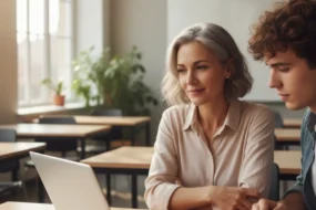 Teacher and student reviewing an essay on a laptop in a bright classroom, representing a Copyleaks vs Turnitin comparison workflow.