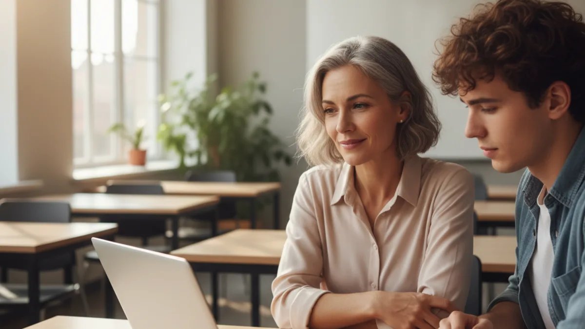 Teacher and student reviewing an essay on a laptop in a bright classroom, representing a Copyleaks vs Turnitin comparison workflow.