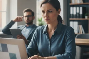 Concerned editor reviewing whether do ai detectors work in a newsroom setting while comparing writing samples on a laptop.