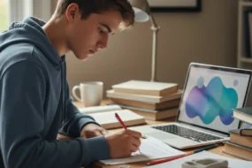 High school student reviewing a printed essay beside a laptop at a study desk, representing AI essay detector review before submission.