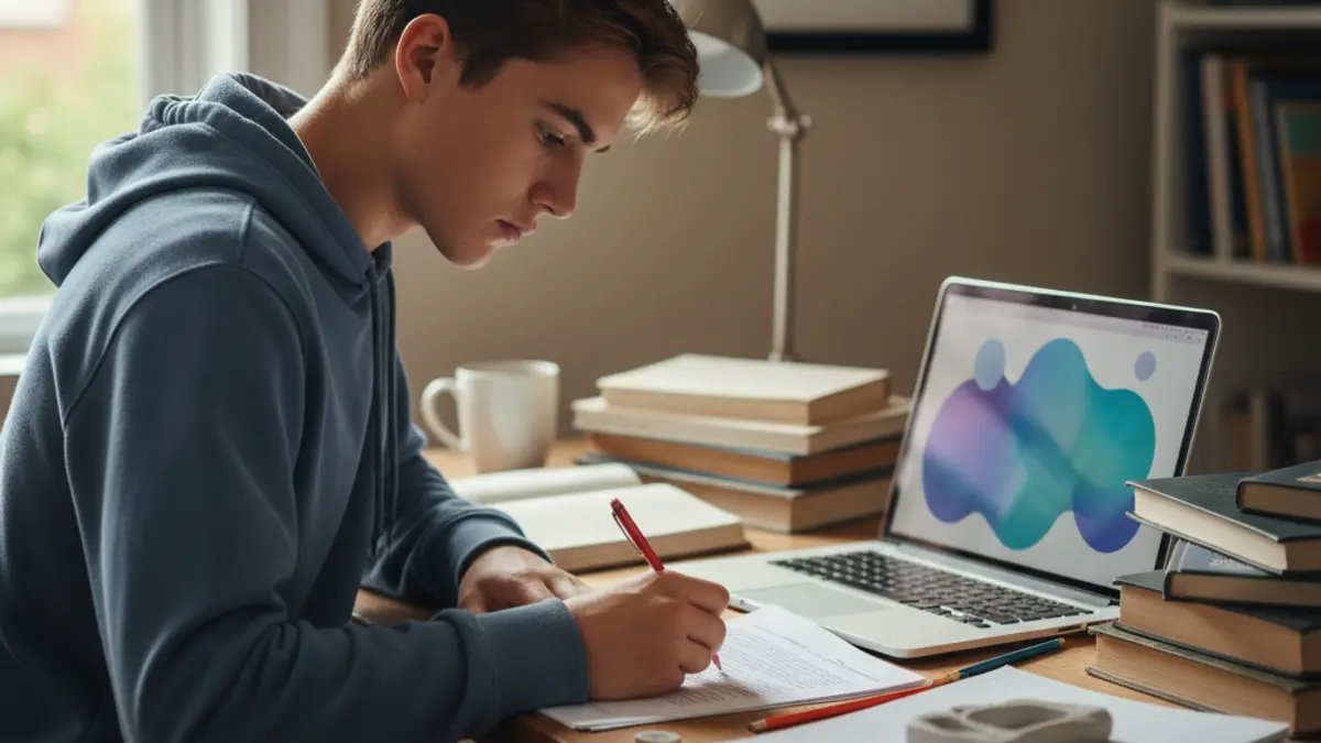 High school student reviewing a printed essay beside a laptop at a study desk, representing AI essay detector review before submission.
