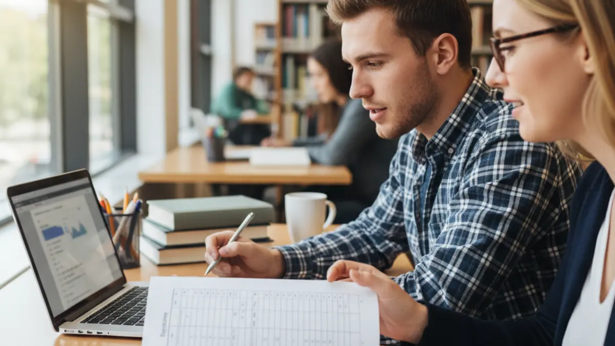 Student and tutor reviewing best ai detector for essays results at a desk with a laptop and printed essay.