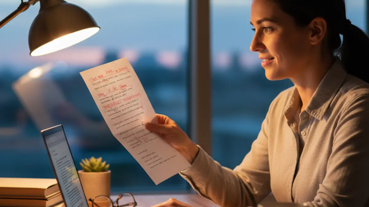 Student making best ai detector for essays revisions at a desk before submission, with laptop and marked draft pages in focus.