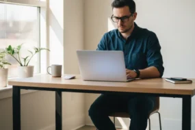 Professional man with glasses focused on a laptop in a bright minimal home office — representing AI writing detection tool comparison research