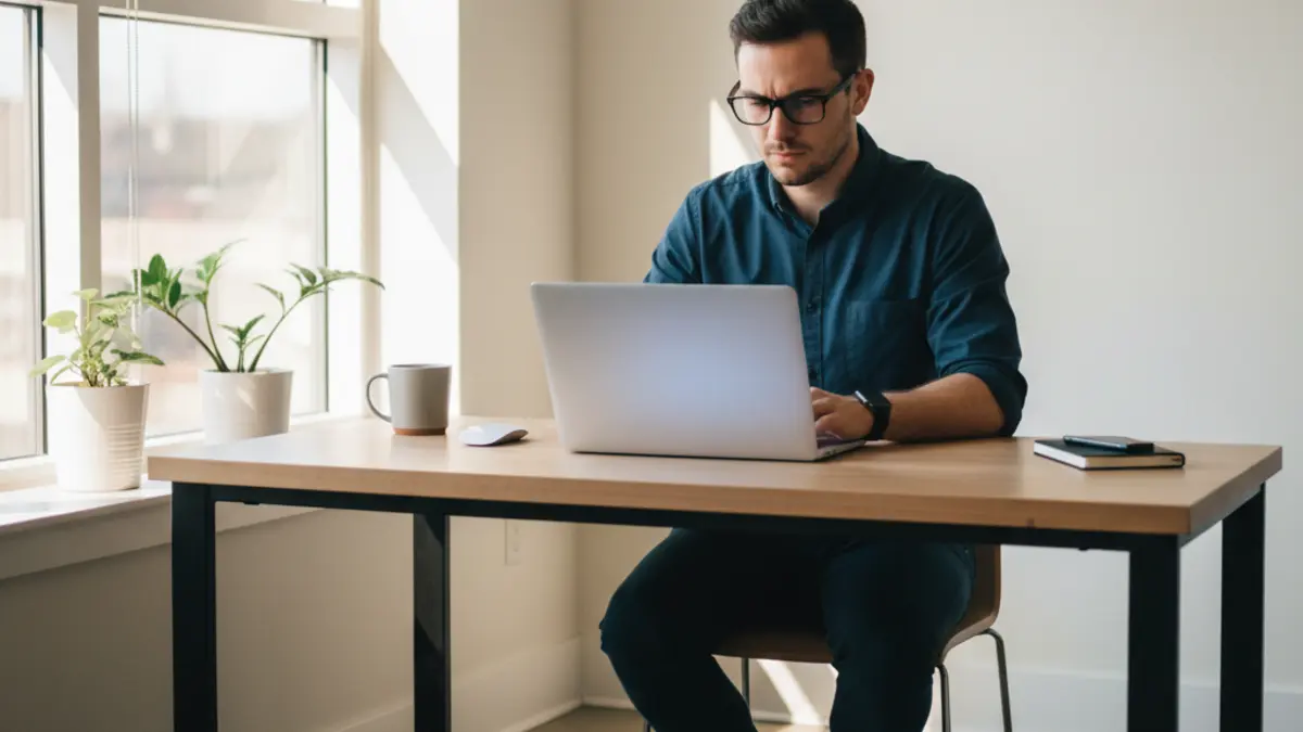 Professional man with glasses focused on a laptop in a bright minimal home office — representing AI writing detection tool comparison research
